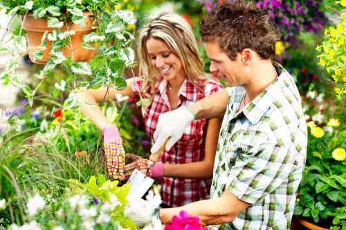 In a lush, well-maintained garden, two individuals are engaged in planting or tending to greenery. The space features a variety of vibrant flowering plants, with some tall shrubs and small trees in the background. There is a neatly edged flower bed with a mix of colourful blooms, including purple and yellow flowers, and sections of lush, dense grass covering the majority of the lawn area. The garden surface includes a combination of soil beds, paving, and possibly wooden decking visible in parts of the surrounding outdoor space, creating a structured yet natural environment. The individuals are dressed casually for outdoor gardening work, with one wearing gloves and holding gardening tools, indicating careful maintenance. The environment appears to be outdoors on a partly cloudy day, with natural light illuminating the scene and creating soft shadows. The backdrop subtly suggests a landscaped outdoor area that could belong to residential properties in Barking or a similar town, supporting local gardening and landscaping services by showcasing a healthy, vibrant garden ready for planting or ongoing care, as provided by Landscapers Barking.