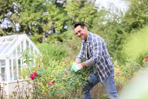 A man in a blue and grey checkered shirt and jeans is working in a garden, leaning slightly forward while tending to flowering rose bushes with pink and red blooms. He is wearing gardening gloves and appears to be pruning or inspecting the plants. The garden features a variety of green foliage, including shrubs and small trees, with a neatly maintained lawn area in the foreground. To the left, a white greenhouse with transparent panels is partially visible, indicating a space for plant cultivation. The background showcases tall trees with lush green leaves, suggesting a well-established outdoor space in the Barking area. The scene is set during daylight with natural sunlight illuminating the garden, creating a vibrant and inviting atmosphere, reflecting quality gardening services provided by Landscapers Barking for outdoor garden maintenance and landscape improvement.