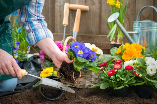 A gardener planting a colourful array of flowers, including purple primroses, yellow pansies, and red and white primulas, into freshly turned dark soil in a well-maintained backyard garden. The garden features a wooden fence in the background, with potted plants and gardening tools, such as a trowel, watering can, and gardening gloves, arranged nearby. The scene is set during daylight, with natural light illuminating the vibrant flower colours and lush green foliage, indicating a tidy outdoor space that highlights professional gardening and landscaping efforts in Barking. The gardener's hands are actively placing the plants, demonstrating care and precision typical of local garden maintenance services provided by Landscapers Barking to enhance outdoor spaces within the area’s residential environment.